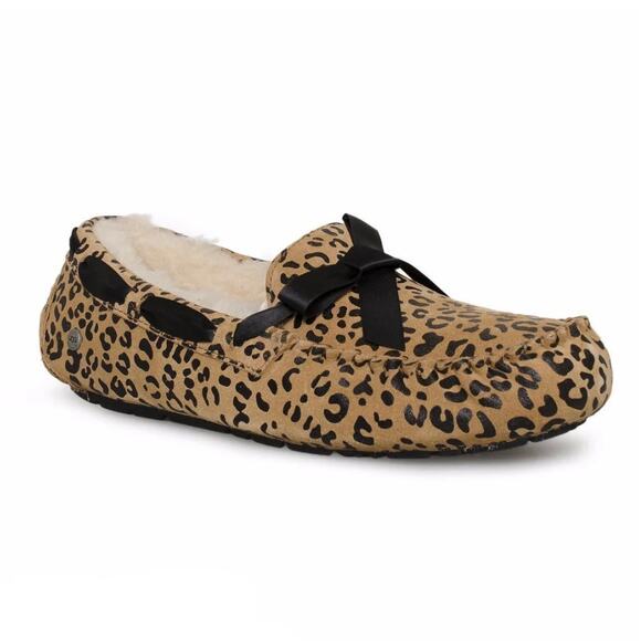 UGG Leopard Print Moccasin Slippers Womens 6 Chestnut Cozy Bow Shearling Shoe - Picture 1 of 13